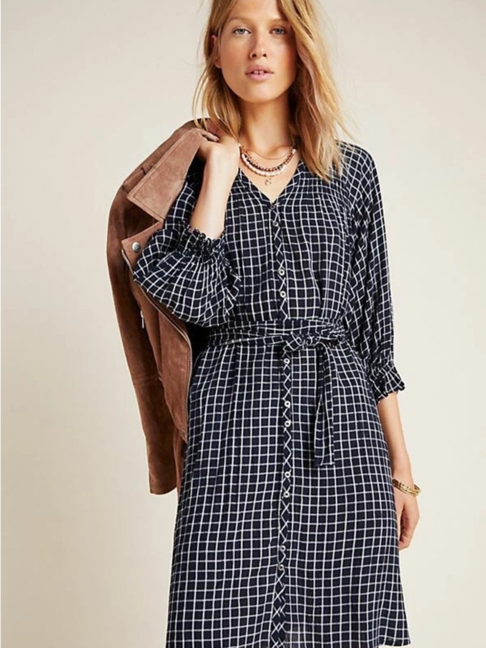 Maeve Navy and White Windowpane Belted Midi Dress